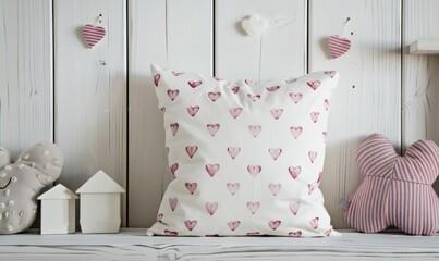 The white square throw pillow mockup is presented on a white wood background with hearts on it