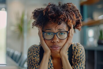 Poster - A black woman sitting at a desk with her hand on her head, seemingly overwhelmed or confused about what she's reading on the screen.