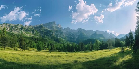 A serene summer outdoor landscape with green grassy field, mountain slopes, trees, and a view of hills under a clear sky.