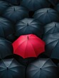 © vefimov - Red umbrella stands alone amidst a group of black ones, symbolizing loneliness or isolation.