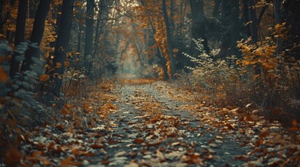 Wall Mural - Wooded trail with fallen leaves.