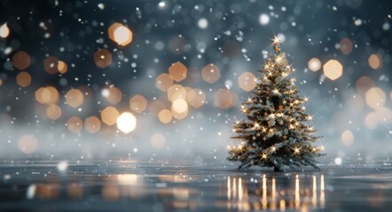 Wall Mural - Sparkling Christmas Tree in Snow With Warm Lights and Soft Bokeh Background