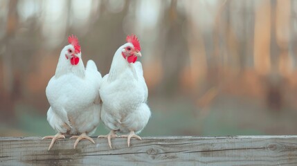 Two White Chickens Standing on a Wooden Rail in a Green Field