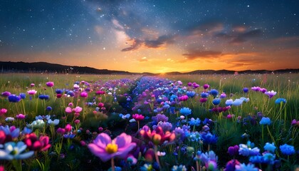 Wall Mural - The colorful sea of flowers under the stars and the gorgeous Milky Way complement each other, showing the beauty of nature.