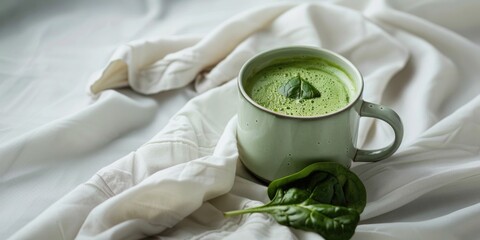 Pitcher of herbal tea with basil leaves on bedcover.