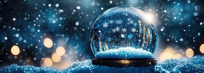 Poster - Snow Globe with Snowflakes and Blurry Lights on a Snowy Surface