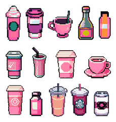 Aufkleber - Large set of pixel-art beverages: coffee, tea, wine, sodas, etc. 8-bit elements for video game design.