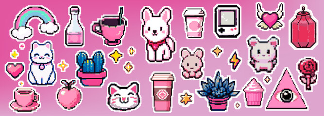 Aufkleber - Pixel Art Y2k Geek Sticker Set. 8bit Retro Game Elements Like Fruits, Animals, Plants. Vector graphic for decoration, stickers, games.