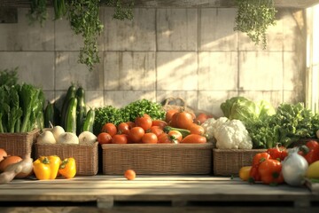 3d rendering of fresh vegetables in baskets on wooden table-gigapixel-hq-scale-6_00x