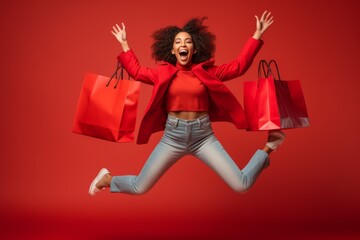 full body excited happy young black haired afro woman in stylish trendy jeans with paper package bag