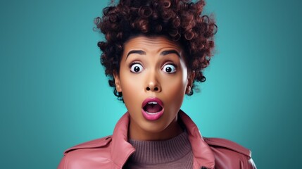 portrait of Surprised, excited black woman dressed in pink jacket isolated on cyan background with energy, happiness face and open mouth. Retail sale and discount news, unexpected prize