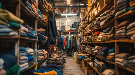 Warehouse Worker in Red Uniform Inspecting Clothing Inventory