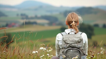 Wall Mural - Woman Sitting in Grass With Backpack Overlooking Mountain Landscape at Dusk