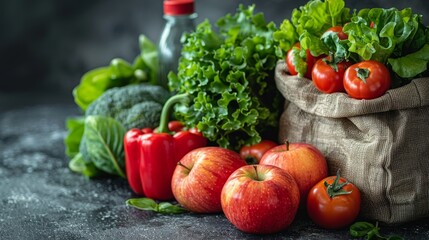 Wall Mural - Fresh Organic Vegetables and Fruits in Burlap Bag on Rustic Table