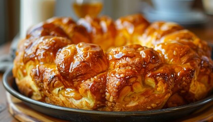 Wall Mural - Delectable Cinnamon Swirl Bread with Icing on Wooden Table. Monkey Bread Danish