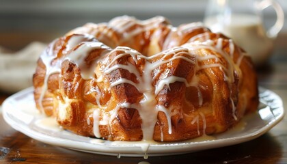 Wall Mural - Delectable Cinnamon Swirl Bread with Icing on Wooden Table. Monkey Bread Danish