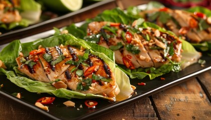 Wall Mural - Asian Grilled Chicken Lettuce Wraps with Spicy Sauce. Grilled Thai Chicken Lettuce Wraps