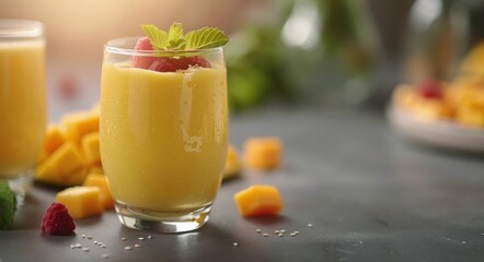 Wall Mural - Refreshing Mango Smoothie With Raspberries and Mint on a Sunny Day