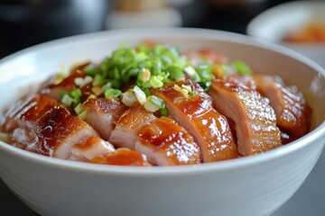 Taiwanese traditional food pork knuckle in a white bowl with golden line for Chinese Lunar New Year meal - generative ai