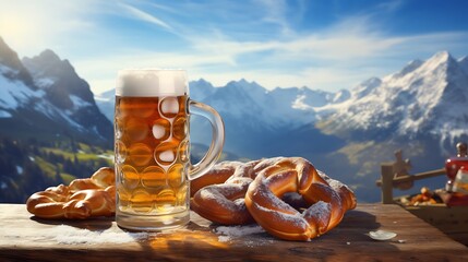 glass of beer and pretzel, glass of beer on a day, A mug of beer against a background of mountains. Oktoberfest	