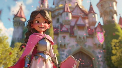 A princess secretly training as a knight in the castle's courtyard. Animated character, C4D model rendering, 3D rendering - Generative AI