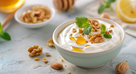 Wall Mural - Greek Yogurt With Honey, Nuts, And Mint On A Light Blue Background