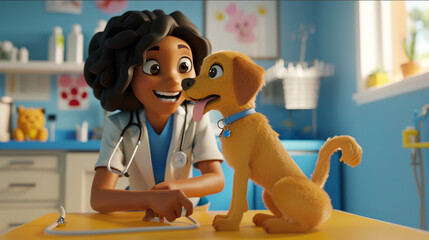 A veterinarian examining a dog at an animal clinic. Animated character, C4D model rendering, 3D rendering - Generative AI