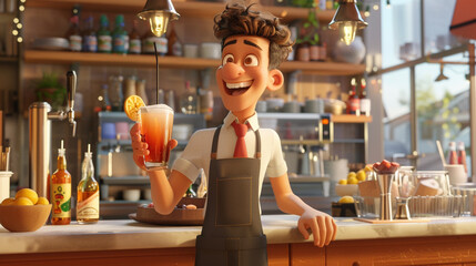 A server refilling drinks for customers at a restaurant. Animated character, C4D model rendering, 3D rendering - Generative AI