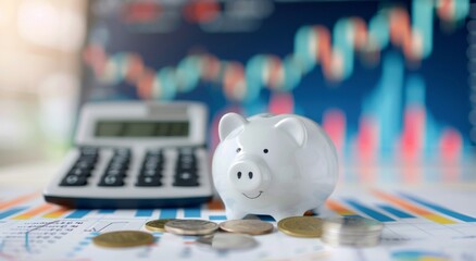 White Piggy Bank Surrounded by Coins and Financial Charts on a Desk