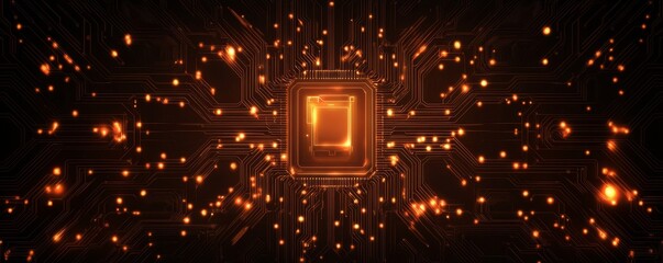 Poster - Glowing circuit board with central processor unit and digital sparks