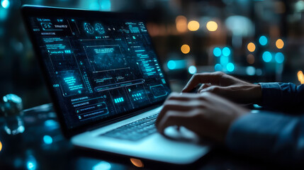 Poster - Businessman Using Laptop for ISO Standards Quality Control and Assurance with Technology Interface in Modern Workspace