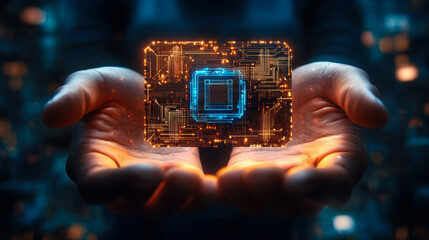 Poster - Futuristic Holographic Microchip Circuit Board Displayed in Hands Illustrating Advanced Technology and Innovation Concepts