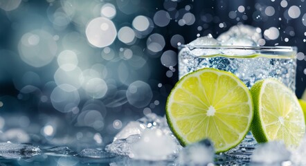 Sticker - Fresh Lime Slices Surrounded by Water Droplets on Dark Surface