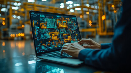 Poster - Businessman Utilizing Laptop for Facility Management in Industrial Environment with Virtual Management Icons