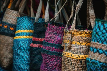 Poster - Row of woven bags hanging from hooks on a wall, various sizes and colors