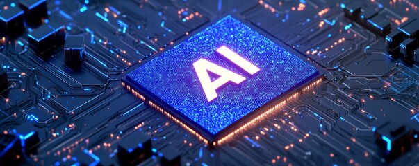 Poster - Close-up of an AI chip on a glowing circuit board