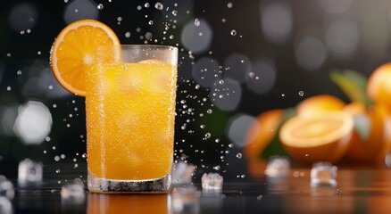 Wall Mural - Refreshing Citrus Drink With Ice Surrounded By Oranges In Dimly Lit Setting