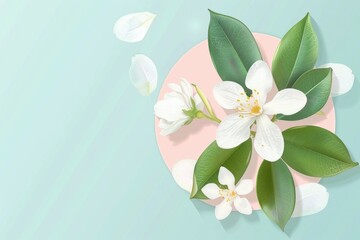 Poster - A pink circle with white flowers and green leaves