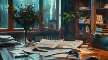 Canvas Print - A stack of papers sits on a desk, awaiting attention