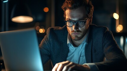 Aufkleber - Focused professional man working late at his laptop. Dressed in a smart suit with glasses, he embodies dedication and commitment. This image captures the essence of modern work life. AI