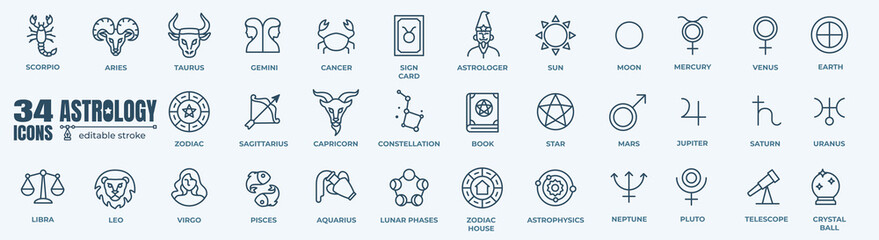 collection of astrology line icons collection. editable line zodiac pictogram