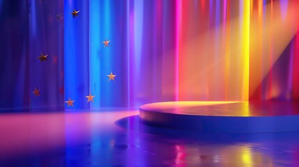 Sticker - A circular platform sits in front of a purple and yellow background with stars and light streaks.