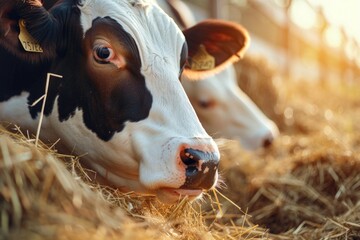 Sticker - A close-up shot of a cow relaxing in a pile of hay