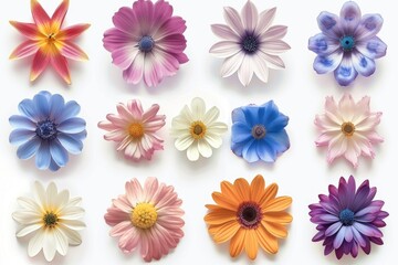 Poster - A selection of variously colored flowers arranged on a white background