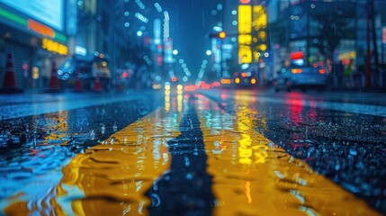 macro view of a Tokyo street at night, capturing the vibrant glow of neon lights and detailed textures of the urban landscape. The scene of street photography in a bustling city