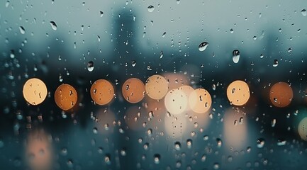 Wall Mural - Rainy Day View With Urban Skyline and Blurred Lights in the Background