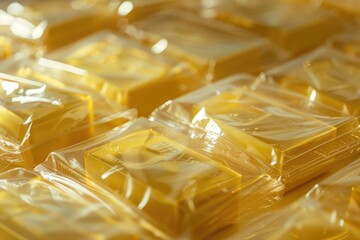 Poster - A close-up view of a variety of food wrapped in plastic packaging, perfect for use in product photography or illustration
