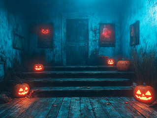 Central empty 3D podium in a haunted house setting, with Jack-o'-lanterns glowing on the steps. Spooky ghost posters on the walls, cobwebs hanging from the ceiling, and candy placed in ghostly hands