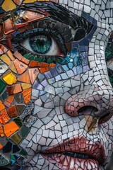 Aufkleber - A close-up shot of a face composed of small mosaic tiles, with intricate details and patterns