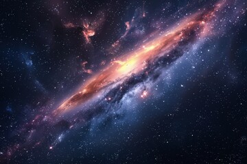 Wall Mural - Glowing spiral galaxy with bright center and dark dust lanes in deep space.